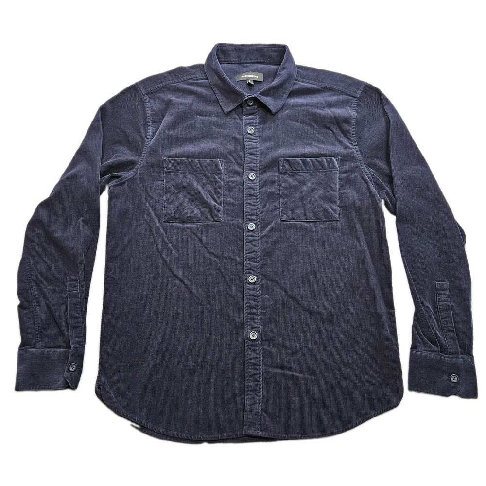 West Zero One Men's Corduroy Button Up Shirt Large Navy Blue Thin Wale Pockets